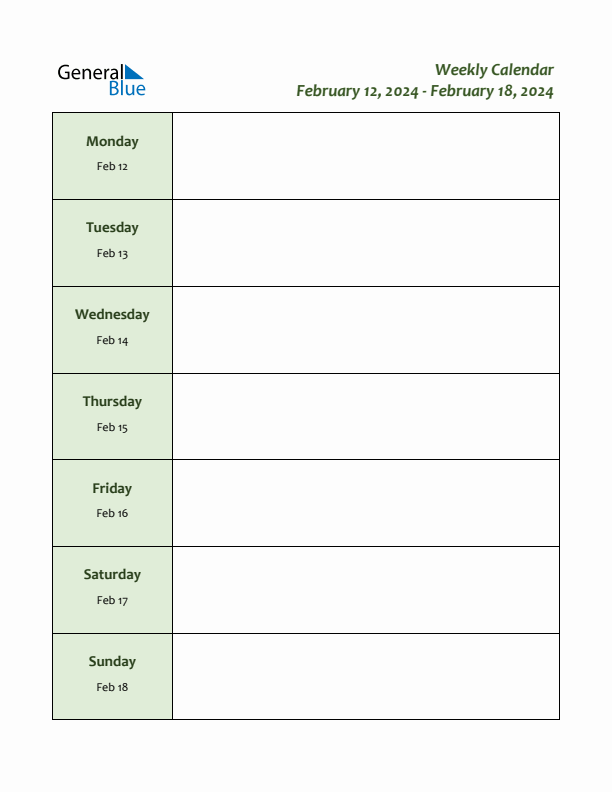 Weekly Calendar with Monday Start for Week 7 (February 12, 2024 to