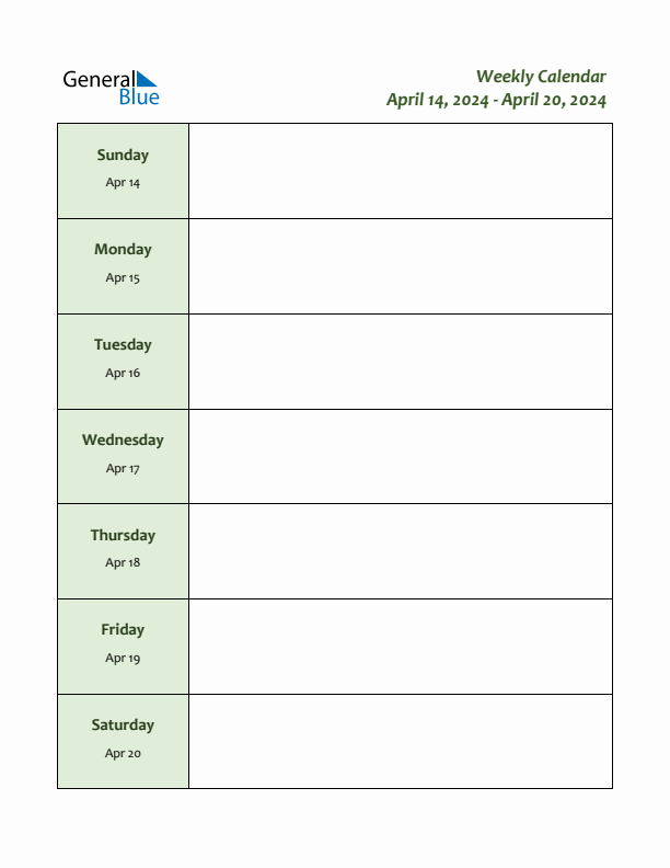 Weekly Calendar April 14, 2024 to April 20, 2024 (PDF, Word, Excel)
