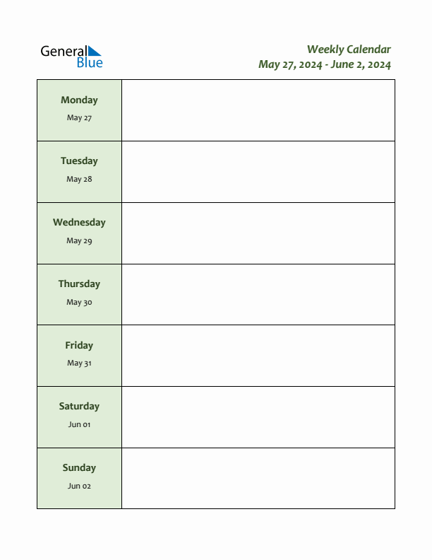 Weekly Calendar with Monday Start for Week 22 (May 27, 2024 to June 2