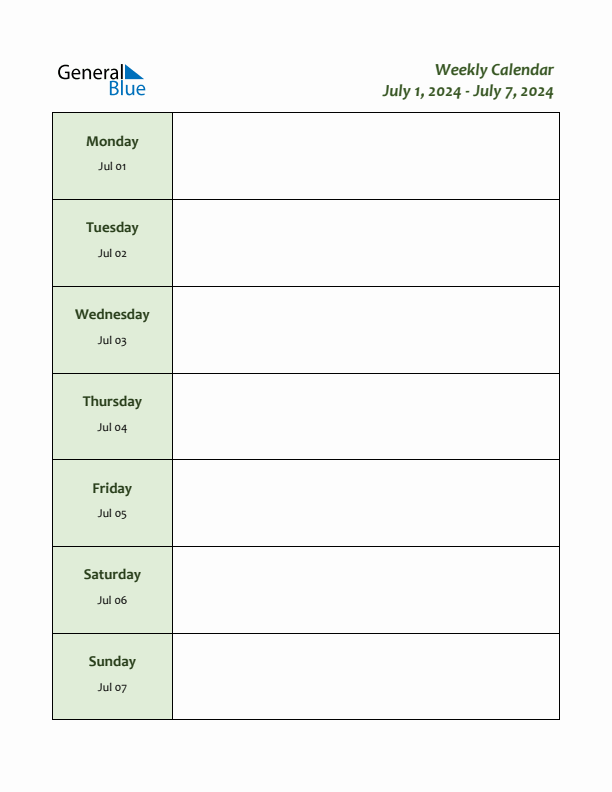 Weekly Calendar with Monday Start for Week 27 (July 1, 2024 to July 7