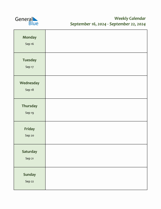 Weekly Calendar with Monday Start for Week 38 (September 16, 2024 to