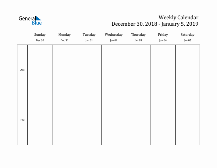 Simple Weekly Calendar Template with AM and PM (Dec 30 - Jan 5, 2019)