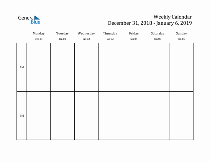 Simple Weekly Calendar Template with AM and PM (Dec 31 - Jan 6, 2019)
