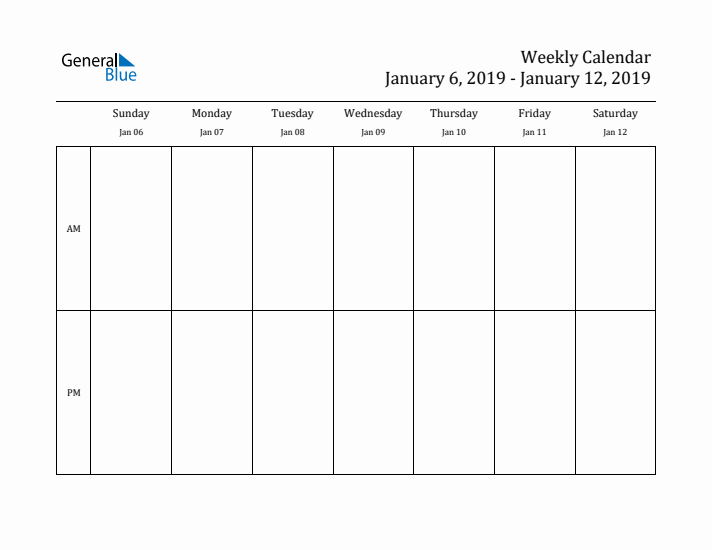 Simple Weekly Calendar Template with AM and PM (Jan 6 - Jan 12, 2019)
