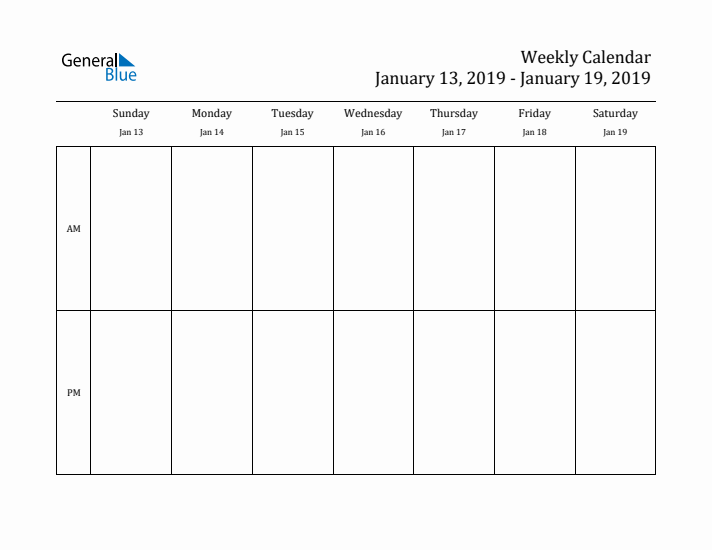 Simple Weekly Calendar Template with AM and PM (Jan 13 - Jan 19, 2019)