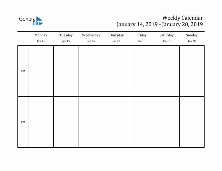 Simple Weekly Calendar Template with AM and PM (Jan 14 - Jan 20, 2019)