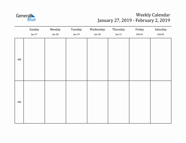 Simple Weekly Calendar Template with AM and PM (Jan 27 - Feb 2, 2019)