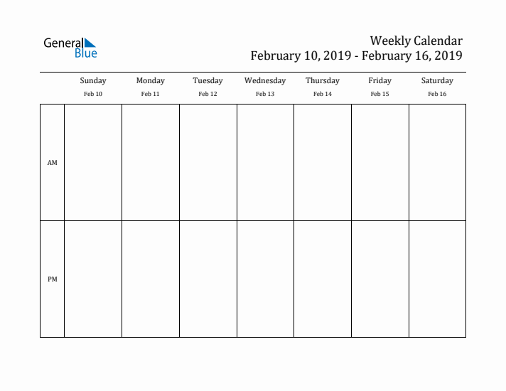 Simple Weekly Calendar Template with AM and PM (Feb 10 - Feb 16, 2019)
