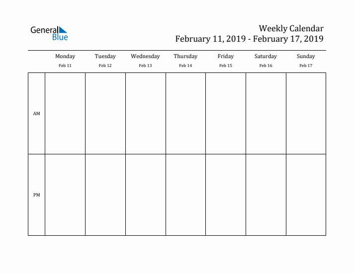 Simple Weekly Calendar Template with AM and PM (Feb 11 - Feb 17, 2019)