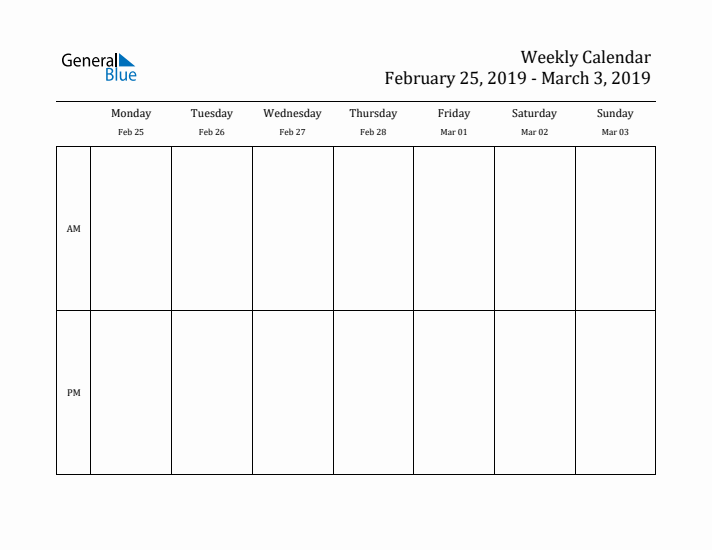 Simple Weekly Calendar Template with AM and PM (Feb 25 - Mar 3, 2019)