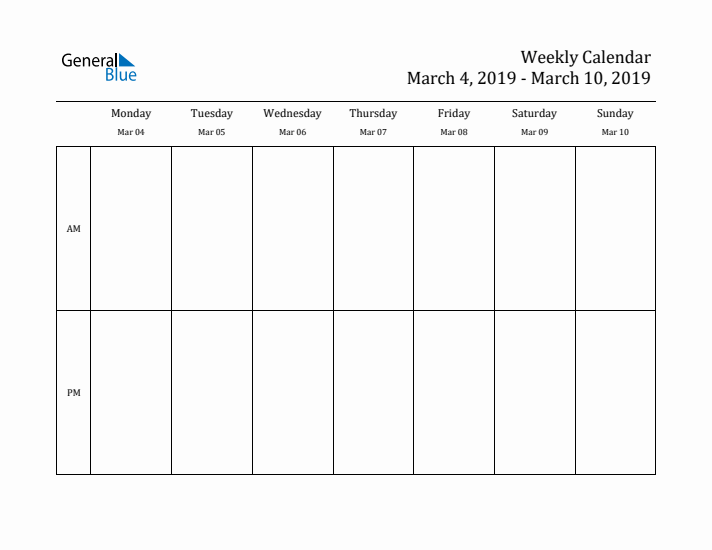 Simple Weekly Calendar Template with AM and PM (Mar 4 - Mar 10, 2019)