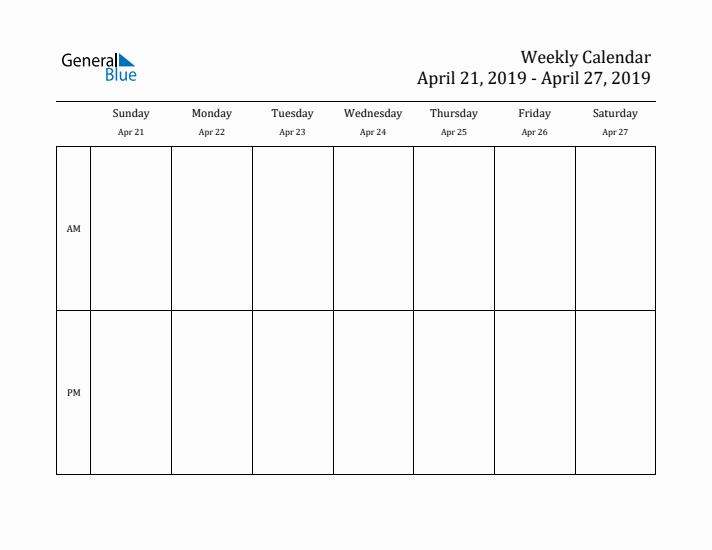 Simple Weekly Calendar Template with AM and PM (Apr 21 - Apr 27, 2019)