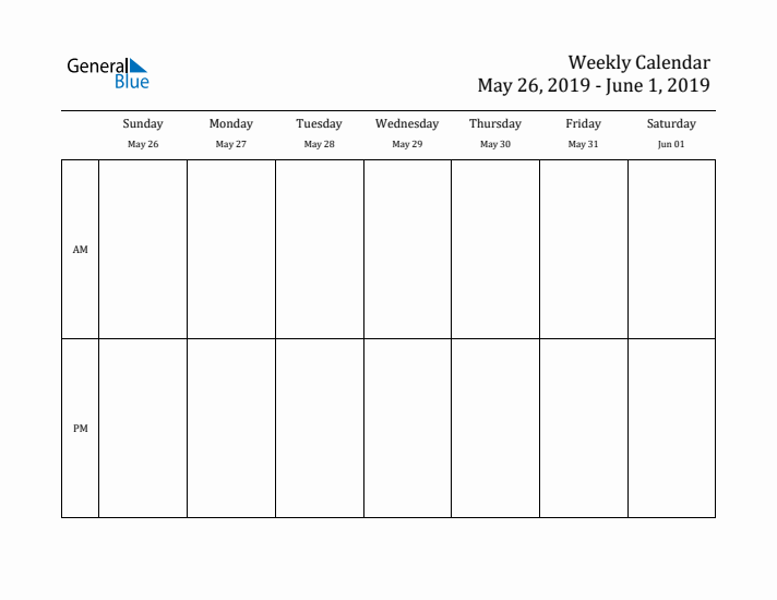 Simple Weekly Calendar Template with AM and PM (May 26 - Jun 1, 2019)