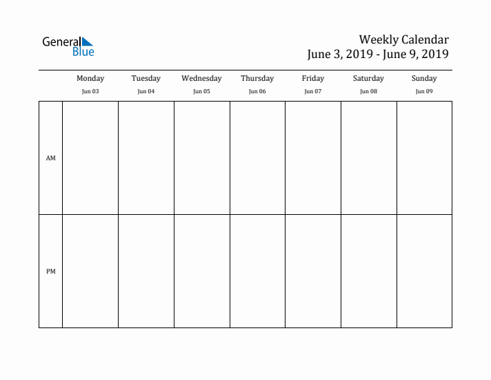 Simple Weekly Calendar Template with AM and PM (Jun 3 - Jun 9, 2019)