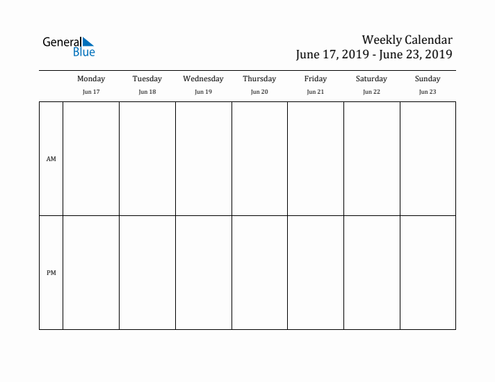 Simple Weekly Calendar Template with AM and PM (Jun 17 - Jun 23, 2019)