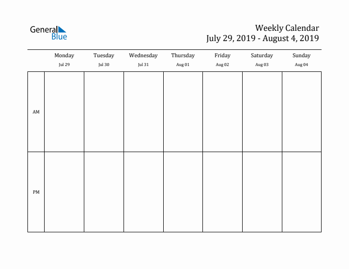 Simple Weekly Calendar Template with AM and PM (Jul 29 - Aug 4, 2019)
