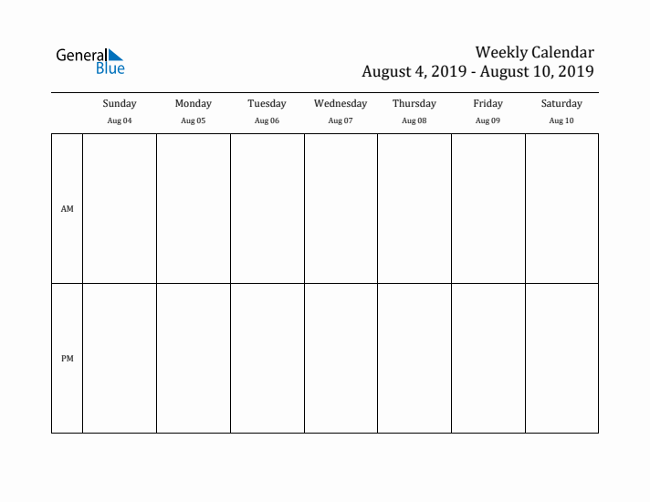Simple Weekly Calendar Template with AM and PM (Aug 4 - Aug 10, 2019)