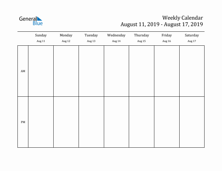 Simple Weekly Calendar Template with AM and PM (Aug 11 - Aug 17, 2019)