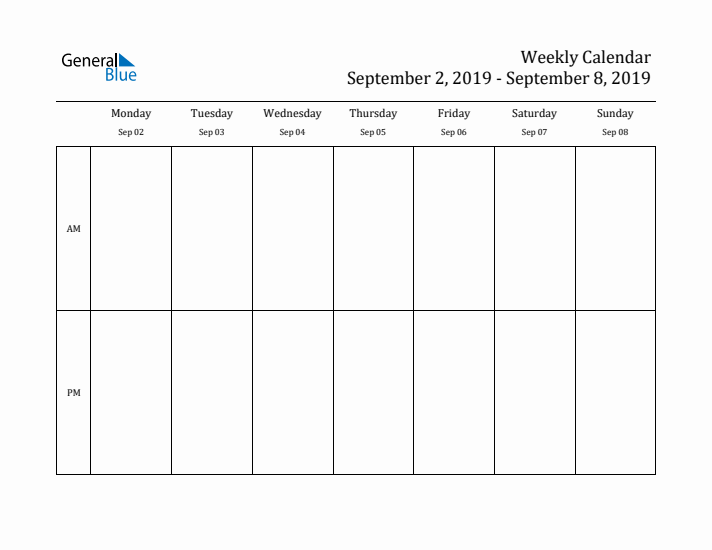 Simple Weekly Calendar Template with AM and PM (Sep 2 - Sep 8, 2019)