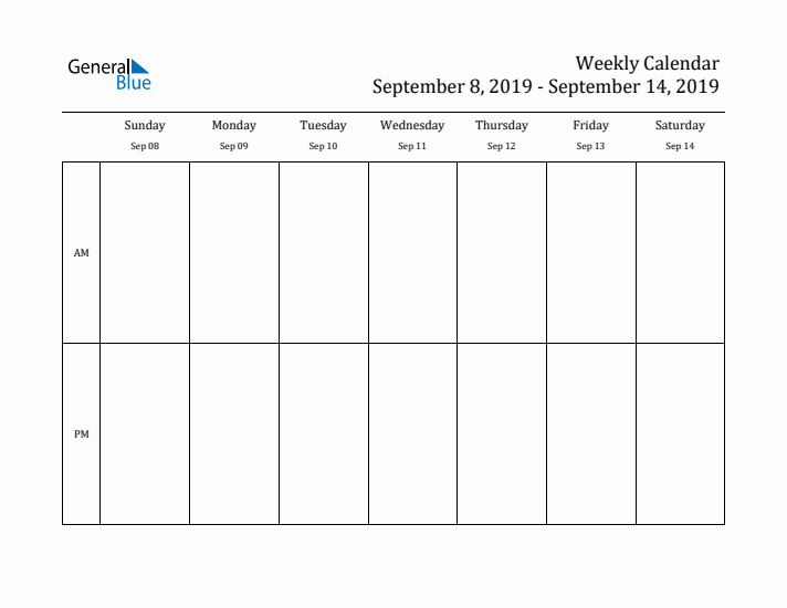 Simple Weekly Calendar Template with AM and PM (Sep 8 - Sep 14, 2019)