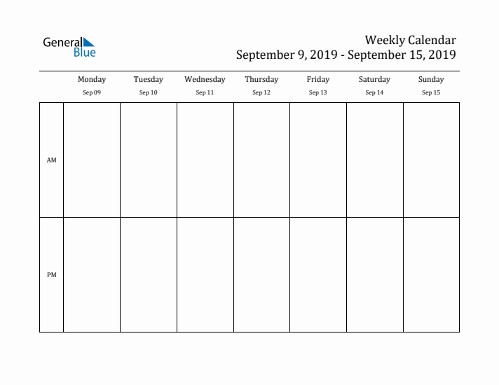 Simple Weekly Calendar Template with AM and PM (Sep 9 - Sep 15, 2019)