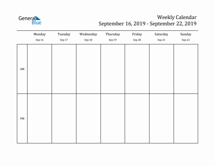 Simple Weekly Calendar Template with AM and PM (Sep 16 - Sep 22, 2019)