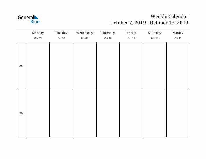 Simple Weekly Calendar Template with AM and PM (Oct 7 - Oct 13, 2019)
