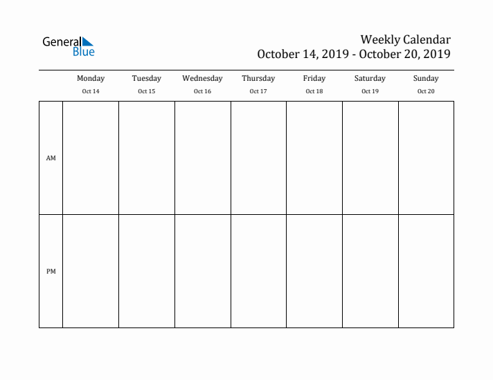 Simple Weekly Calendar Template with AM and PM (Oct 14 - Oct 20, 2019)