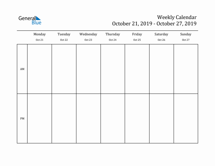 Simple Weekly Calendar Template with AM and PM (Oct 21 - Oct 27, 2019)