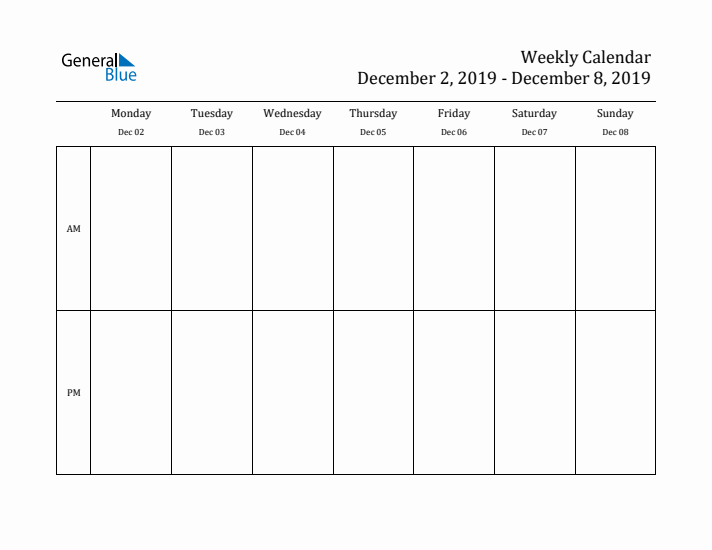 Simple Weekly Calendar Template with AM and PM (Dec 2 - Dec 8, 2019)