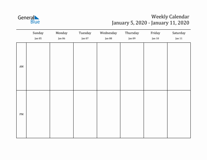 Simple Weekly Calendar Template with AM and PM (Jan 5 - Jan 11, 2020)