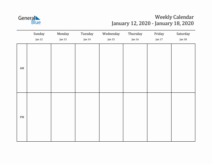 Simple Weekly Calendar Template with AM and PM (Jan 12 - Jan 18, 2020)