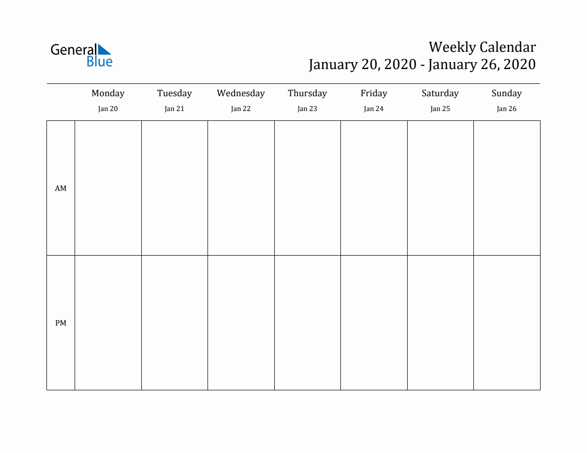 Simple Weekly Calendar for Jan 20 to Jan 26, 2020