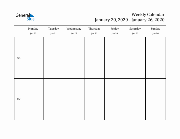 Simple Weekly Calendar Template with AM and PM (Jan 20 - Jan 26, 2020)
