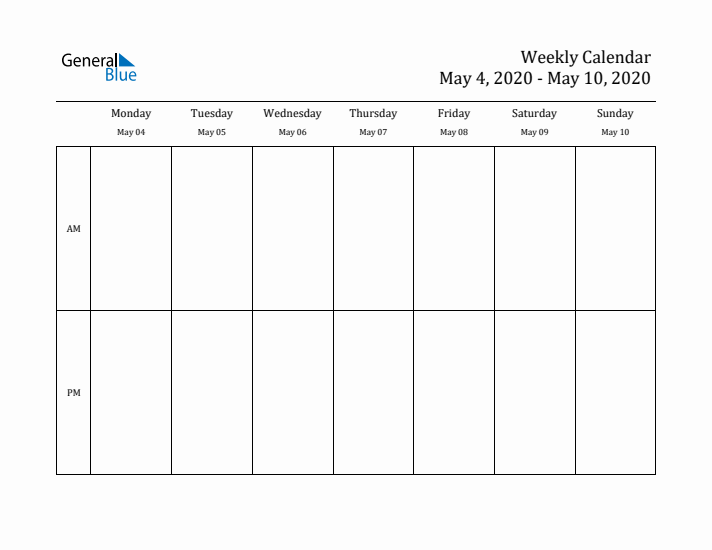 Simple Weekly Calendar Template with AM and PM (May 4 - May 10, 2020)