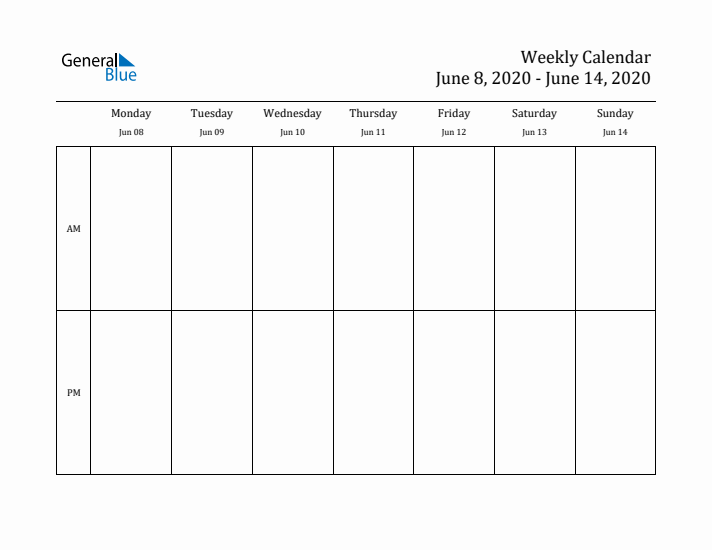 Simple Weekly Calendar Template with AM and PM (Jun 8 - Jun 14, 2020)