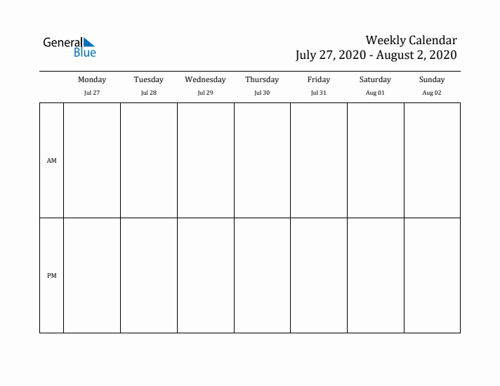 Simple Weekly Calendar Template with AM and PM (Jul 27 - Aug 2, 2020)