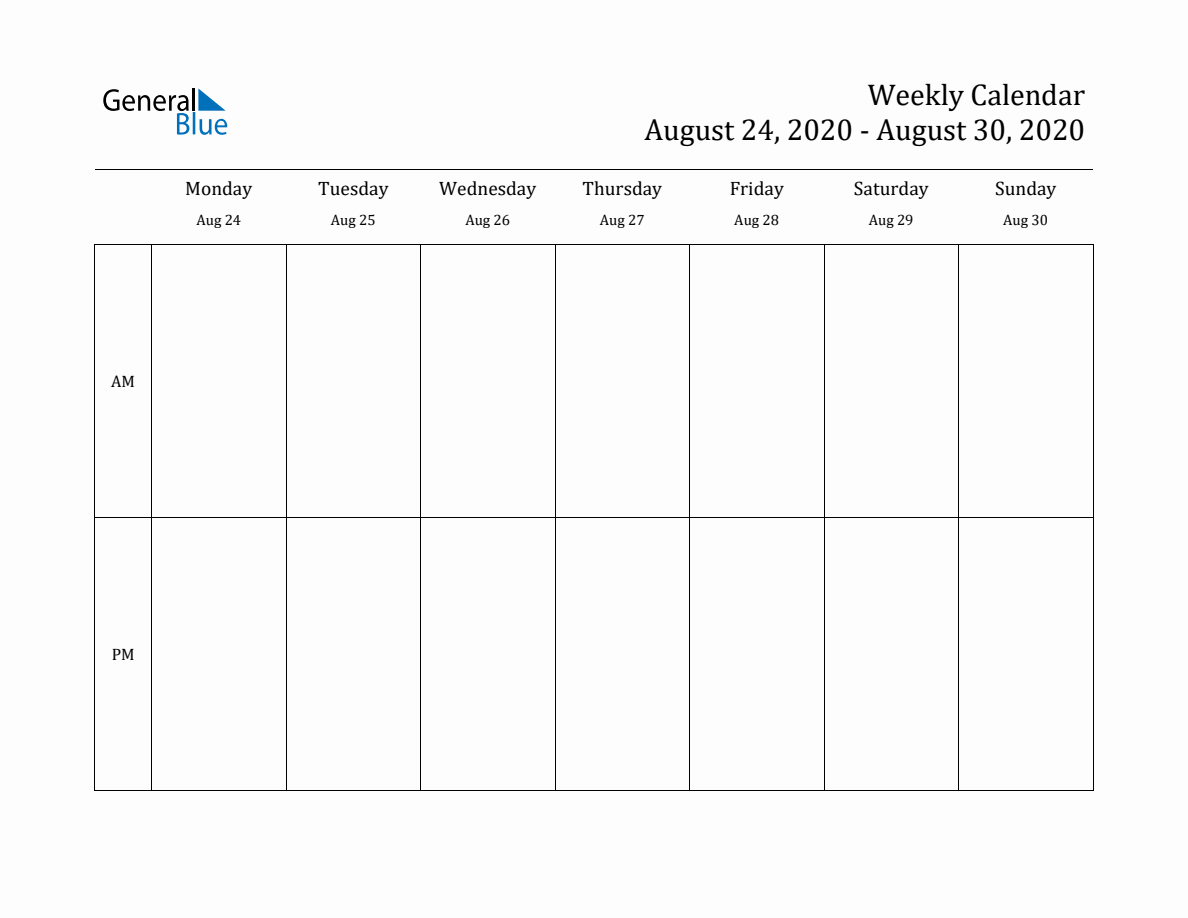 Simple Weekly Calendar for Aug 24 to Aug 30, 2020