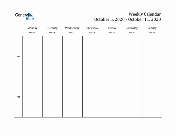 Simple Weekly Calendar Template with AM and PM (Oct 5 - Oct 11, 2020)