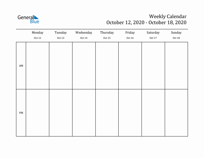 Simple Weekly Calendar Template with AM and PM (Oct 12 - Oct 18, 2020)