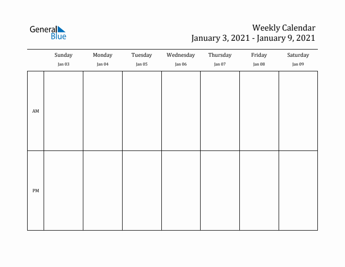 Simple Weekly Calendar Template with AM and PM (Jan 3 - Jan 9, 2021)