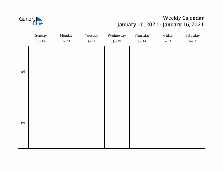 Simple Weekly Calendar Template with AM and PM (Jan 10 - Jan 16, 2021)