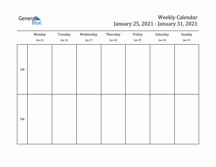 Simple Weekly Calendar Template with AM and PM (Jan 25 - Jan 31, 2021)