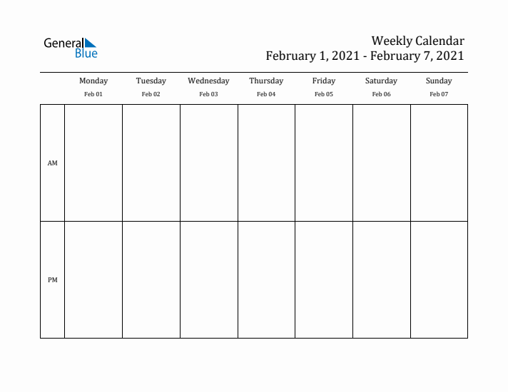 Simple Weekly Calendar Template with AM and PM (Feb 1 - Feb 7, 2021)