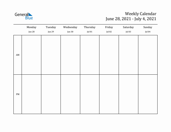 Simple Weekly Calendar Template with AM and PM (Jun 28 - Jul 4, 2021)