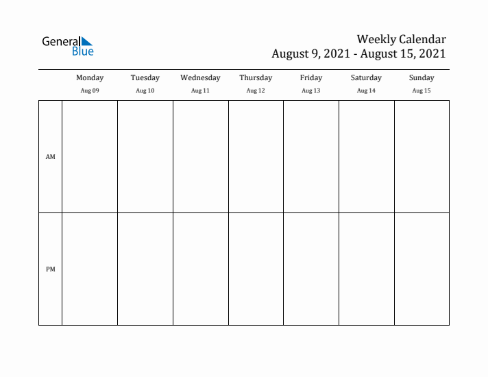 Simple Weekly Calendar Template with AM and PM (Aug 9 - Aug 15, 2021)