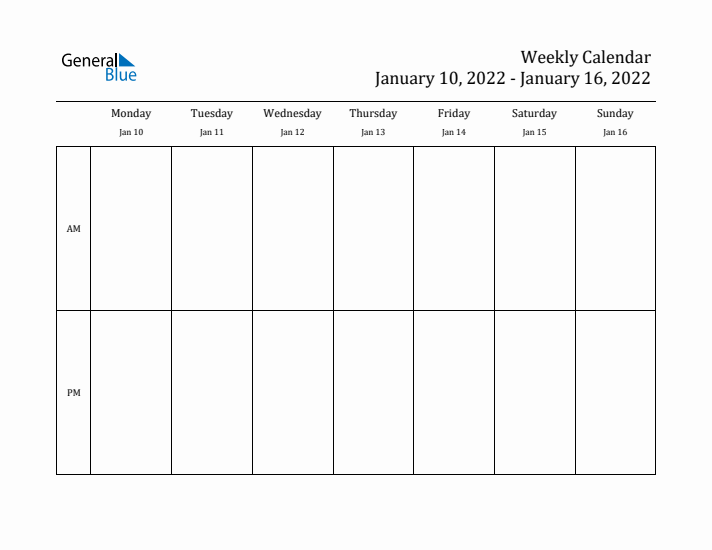 Simple Weekly Calendar Template with AM and PM (Jan 10 - Jan 16, 2022)