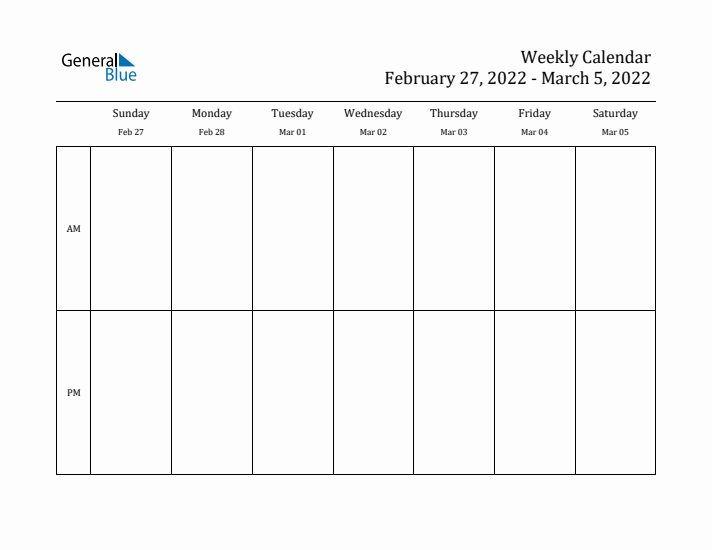 AM-PM Printable Weekly Calendar (Feb 27 - Mar 5, 2022)