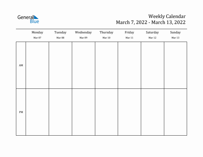 Simple Weekly Calendar Template with AM and PM (Mar 7 - Mar 13, 2022)