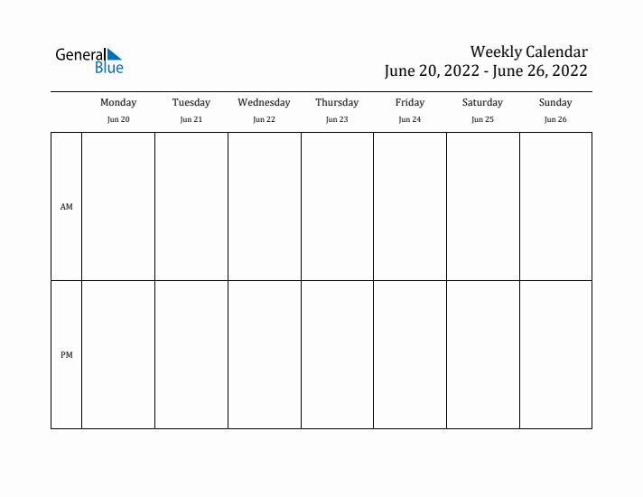 Simple Weekly Calendar Template with AM and PM (Jun 20 - Jun 26, 2022)
